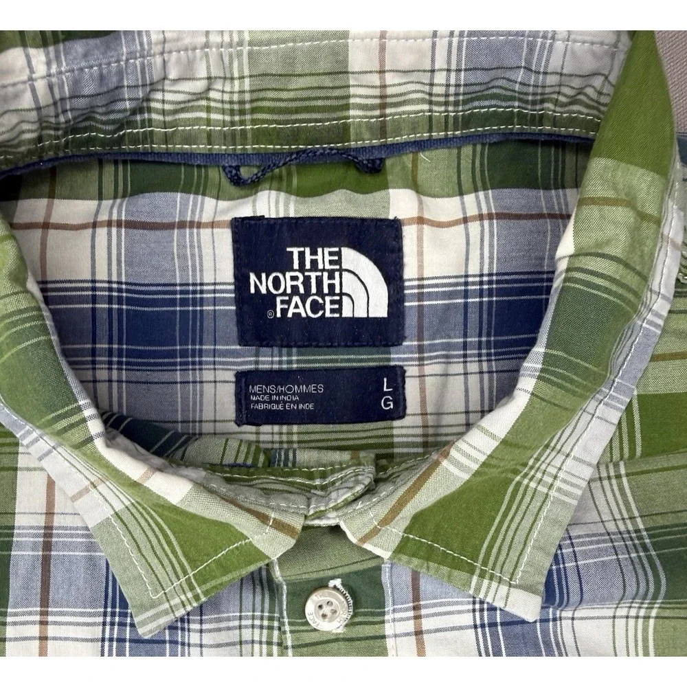The North Face Shirt Men's L Green Blue Plaid Short Sleeve Button‎ Up Casual
